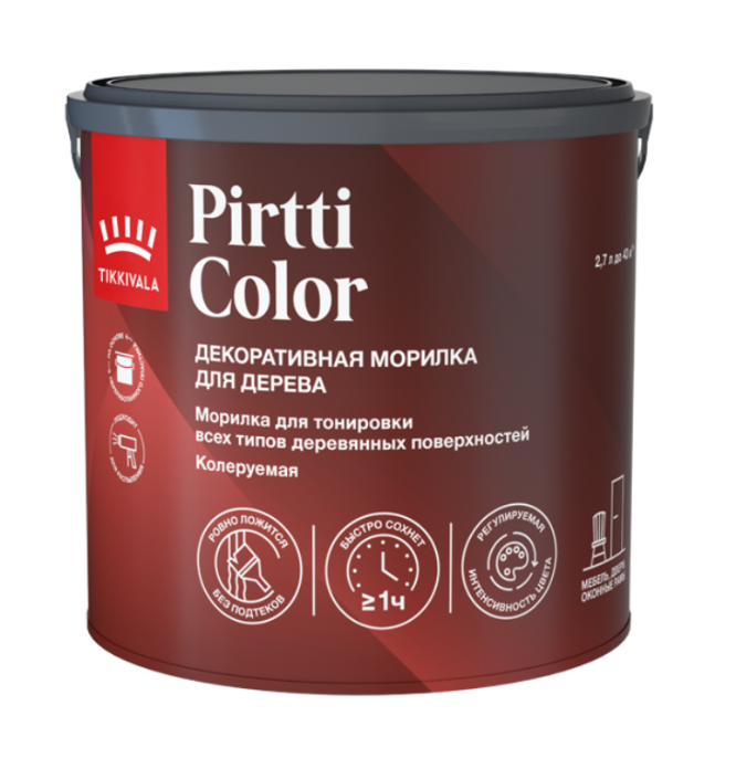 Морилка PIRTTI COLOR Tikkivala, цвет Бесцветный (колеруется), фасовка 2,7л: для внутренних и наружных работ, для дерева